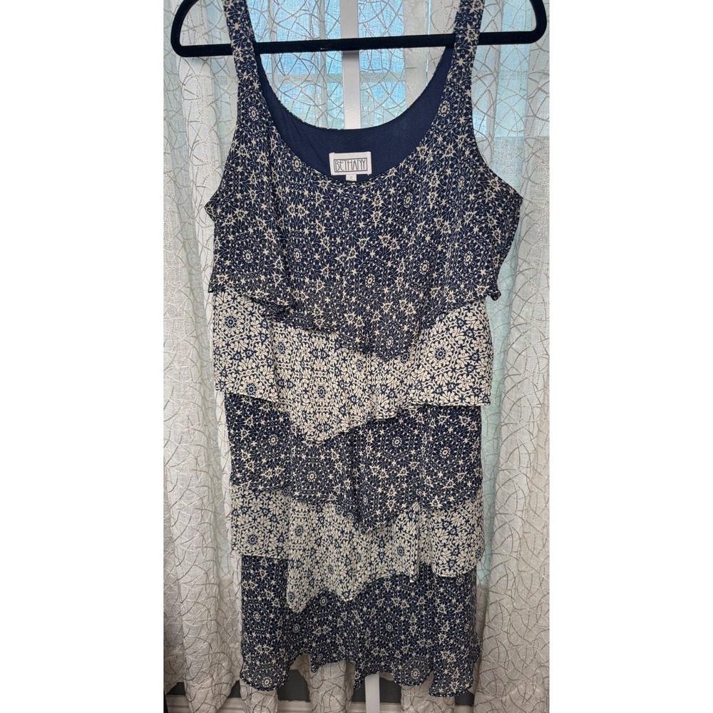 Bethany Navy‎ Blue & White Tiered Ruffle Shift Dress – Size 12